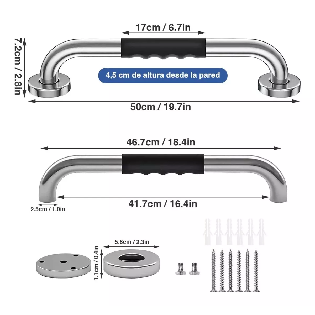 2 Barras Agarradera De Seguridad Baños Apoyo Acero Inox 50cm