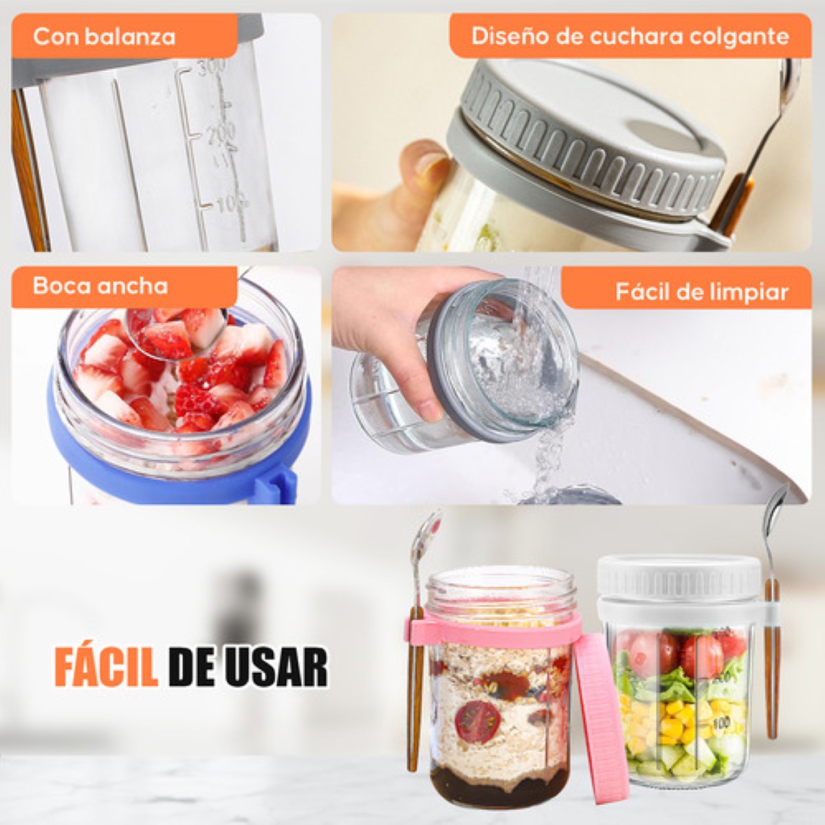 4 Pzs 350ml Tarros De Avena Overnight Con Cuchara Y Tapa gria marillo rosa gris oscuro