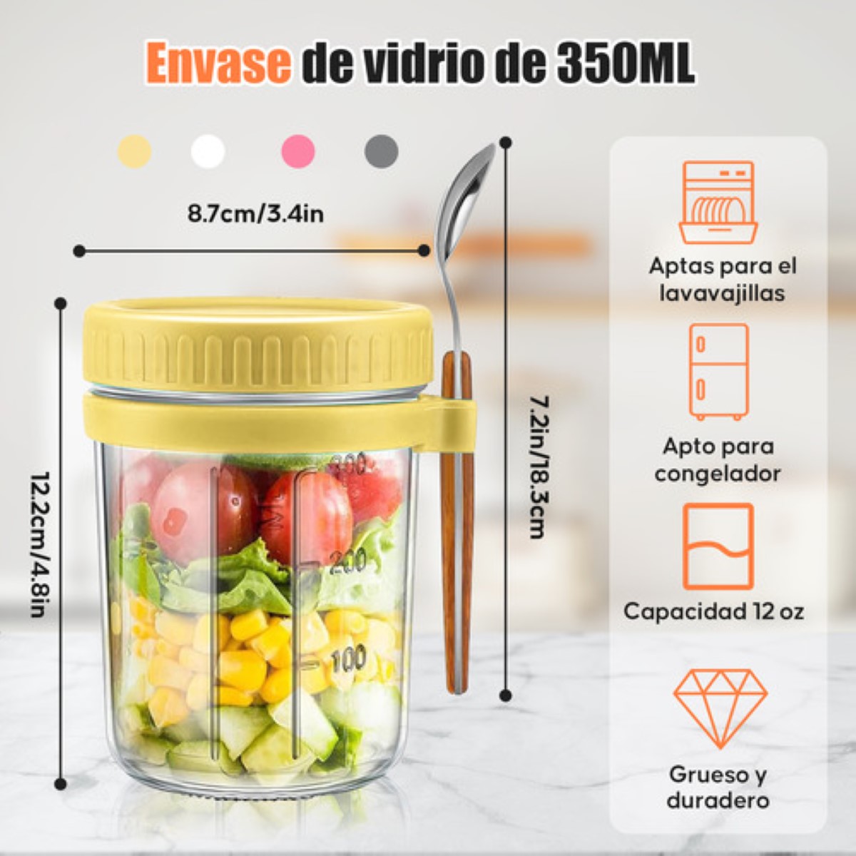 4 Pzs 350ml Tarros De Avena Overnight Con Cuchara Y Tapa gria marillo rosa gris oscuro