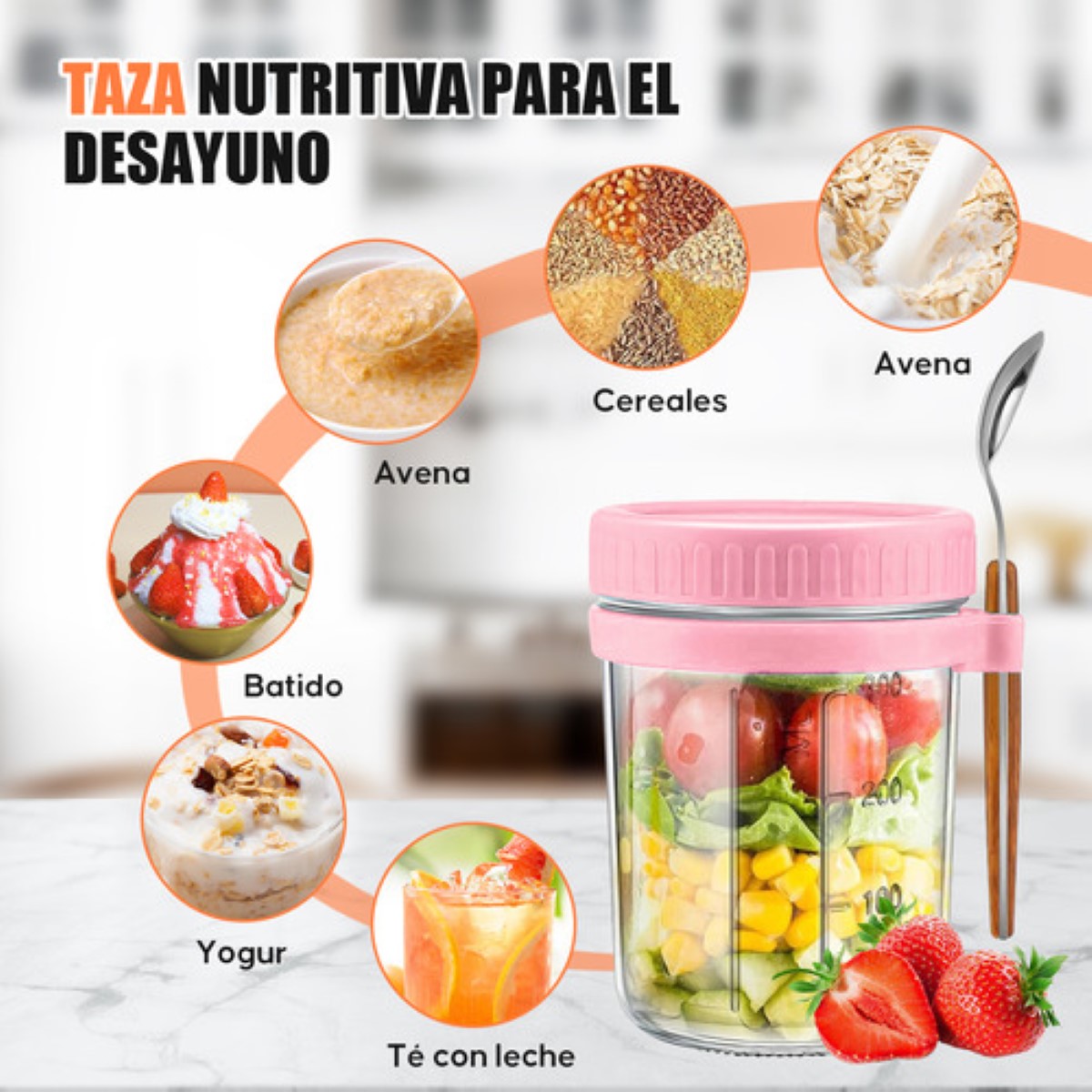 4 Pzs 350ml Tarros De Avena Overnight Con Cuchara Y Tapa gria marillo rosa gris oscuro