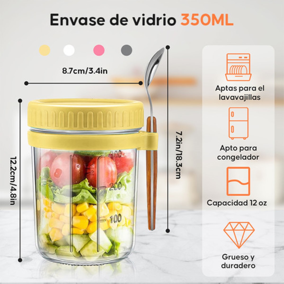 6 Pzs 350ml Tarros De Avena Overnight Con Cuchara Y Tapa 2grises2amarillos2rosa