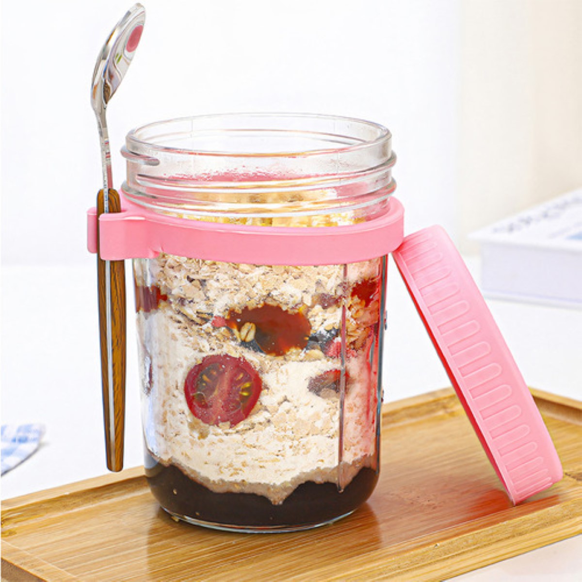 6 Pzs 350ml Tarros De Avena Overnight Con Cuchara Y Tapa 2grises2amarillos2rosa