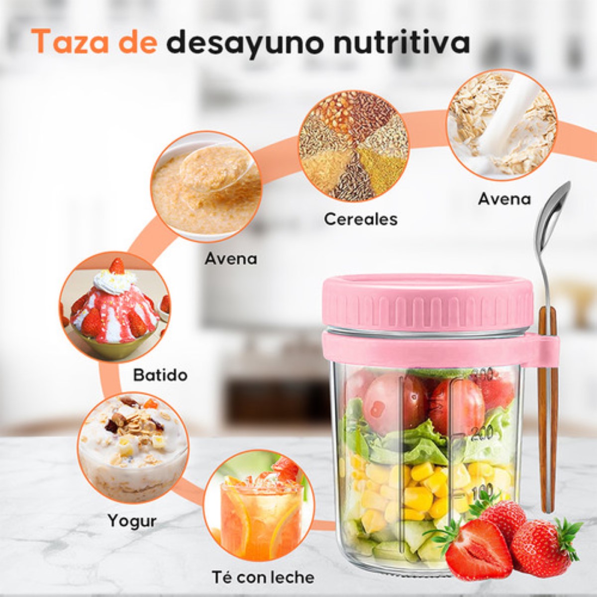 6 Pzs 350ml Tarros De Avena Overnight Con Cuchara Y Tapa 2grises2amarillos2rosa