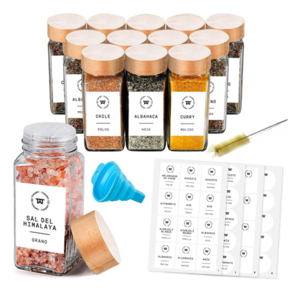 12pcs Tarros De Vidrio Para Especias Tapa Bambú Embudo 120ml 
