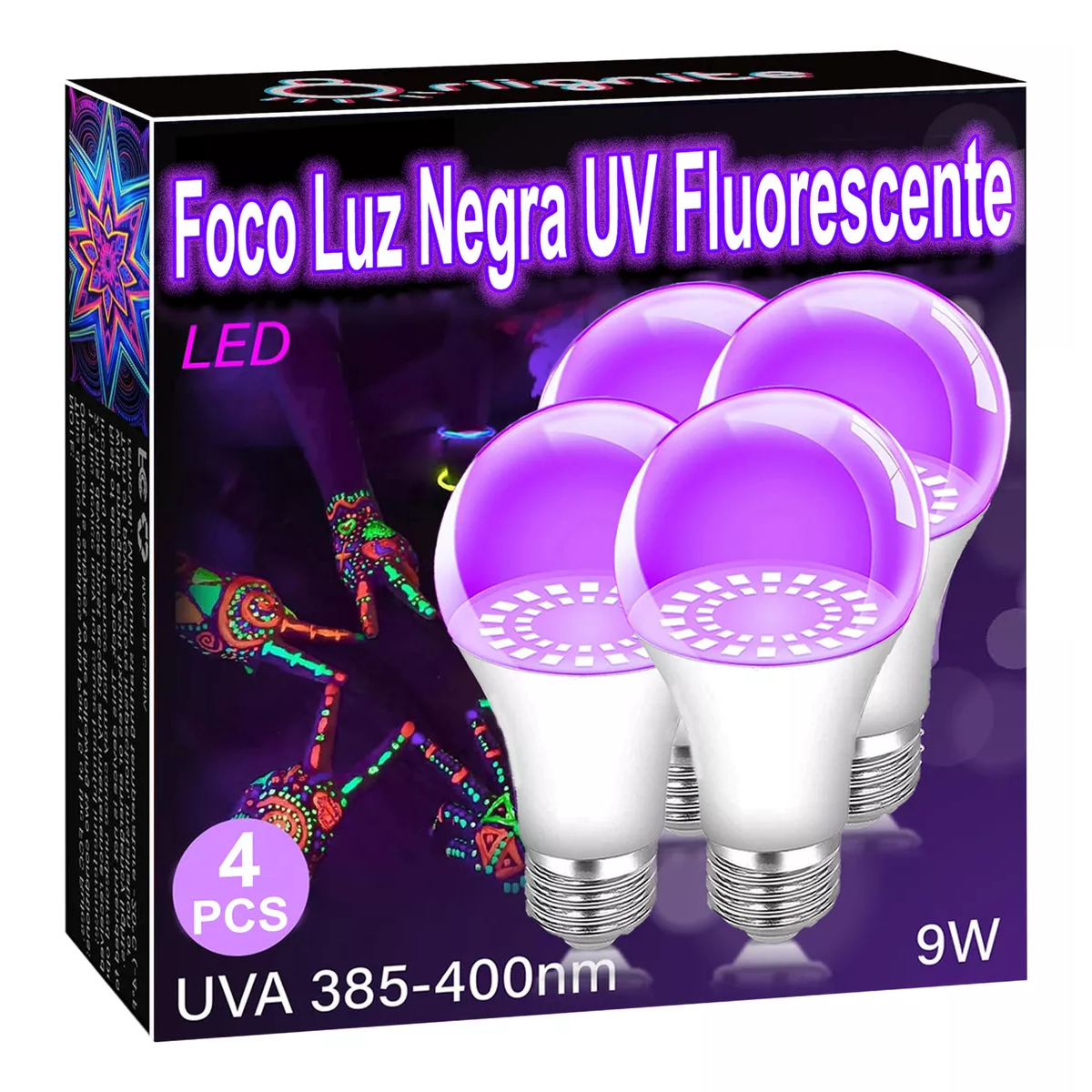 Foco Luz Negra Led Uv Fluorescente Para Fiesta 9w 4 Piezas Púrpura 127V