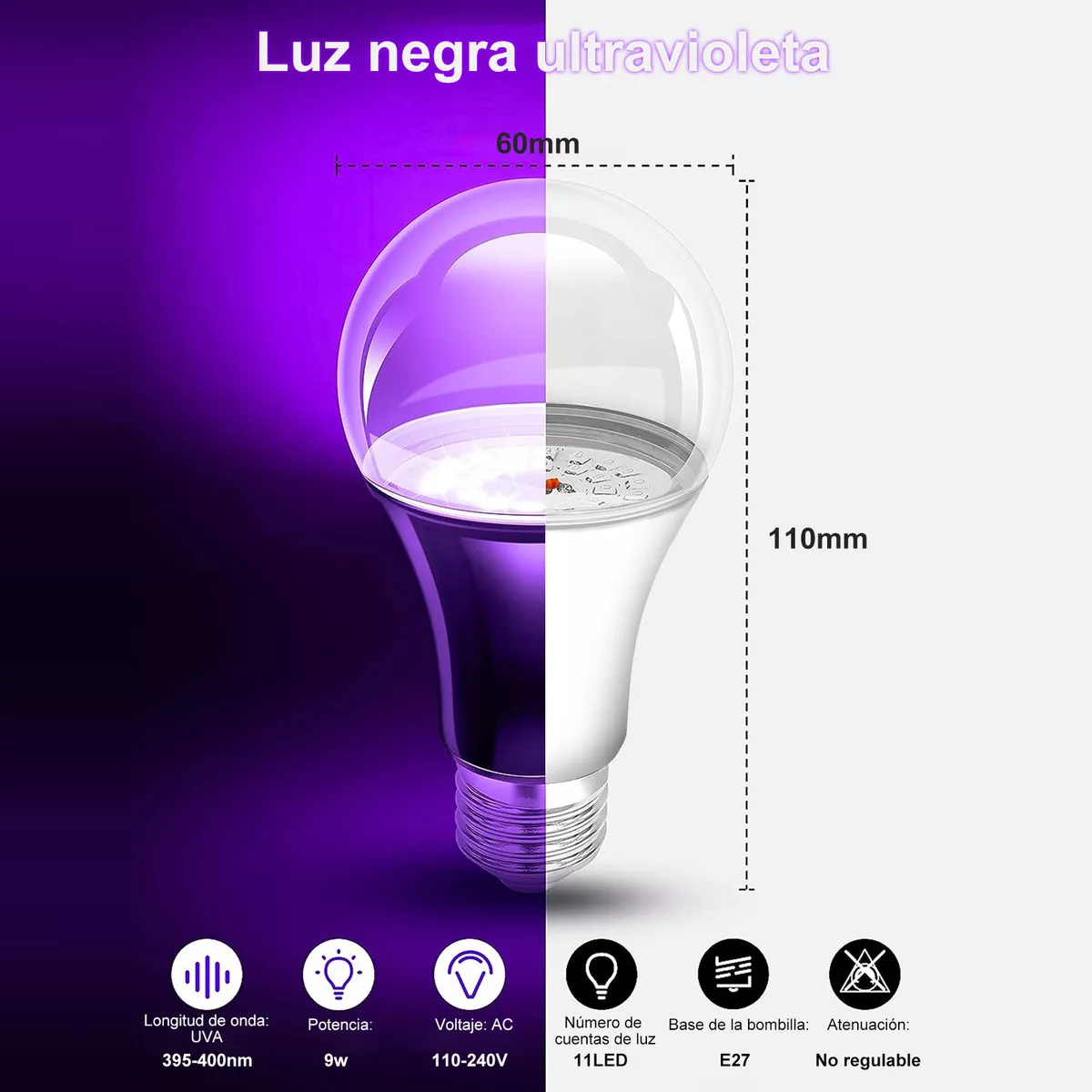 Foco Luz Negra Led Uv Fluorescente Para Fiesta 9w 4 Piezas Púrpura 127V