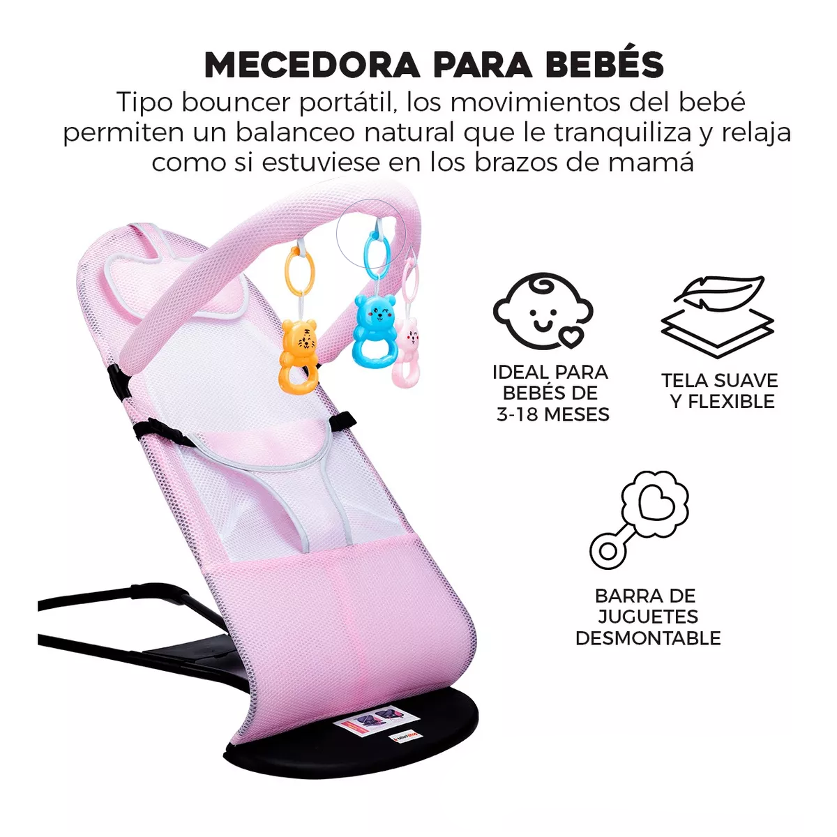 Silla Mecedora Bebe Columpio Infantil Portátil Ajustable Rosa