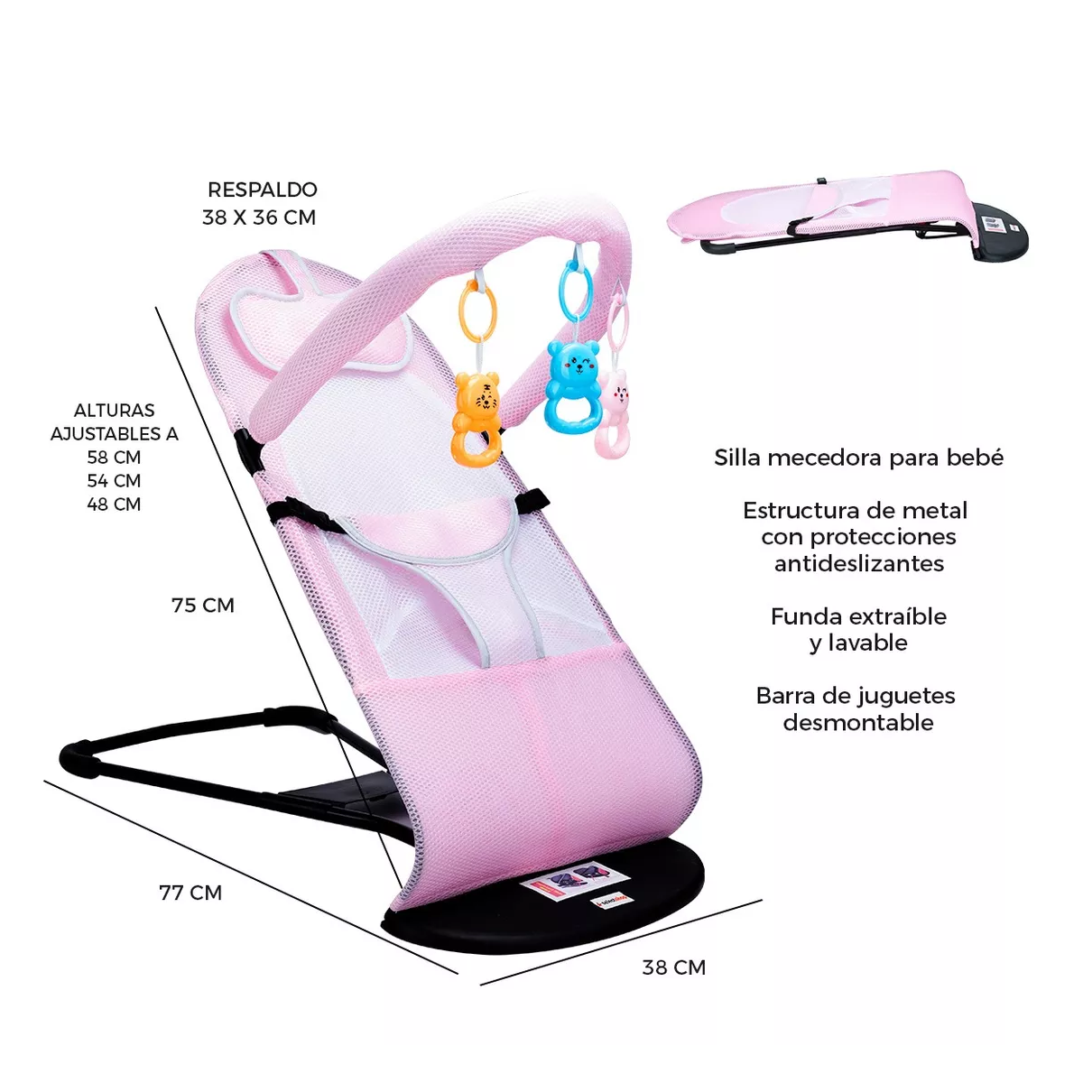 Silla Mecedora Bebe Columpio Infantil Portátil Ajustable Rosa