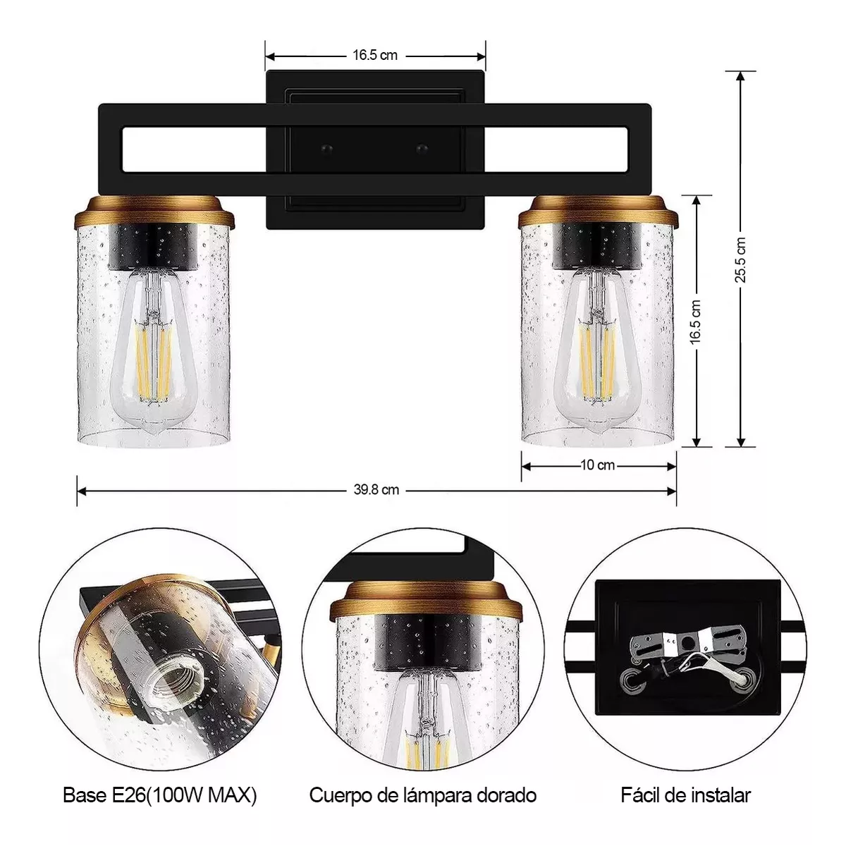 Lámpara De Pared Para Baño Moderna De 2 Luces, Luz De Tocado