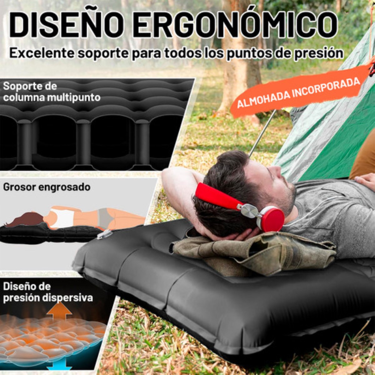 Colchones Inflables Acampar Autoinflable Portátil IndividualNEGRO