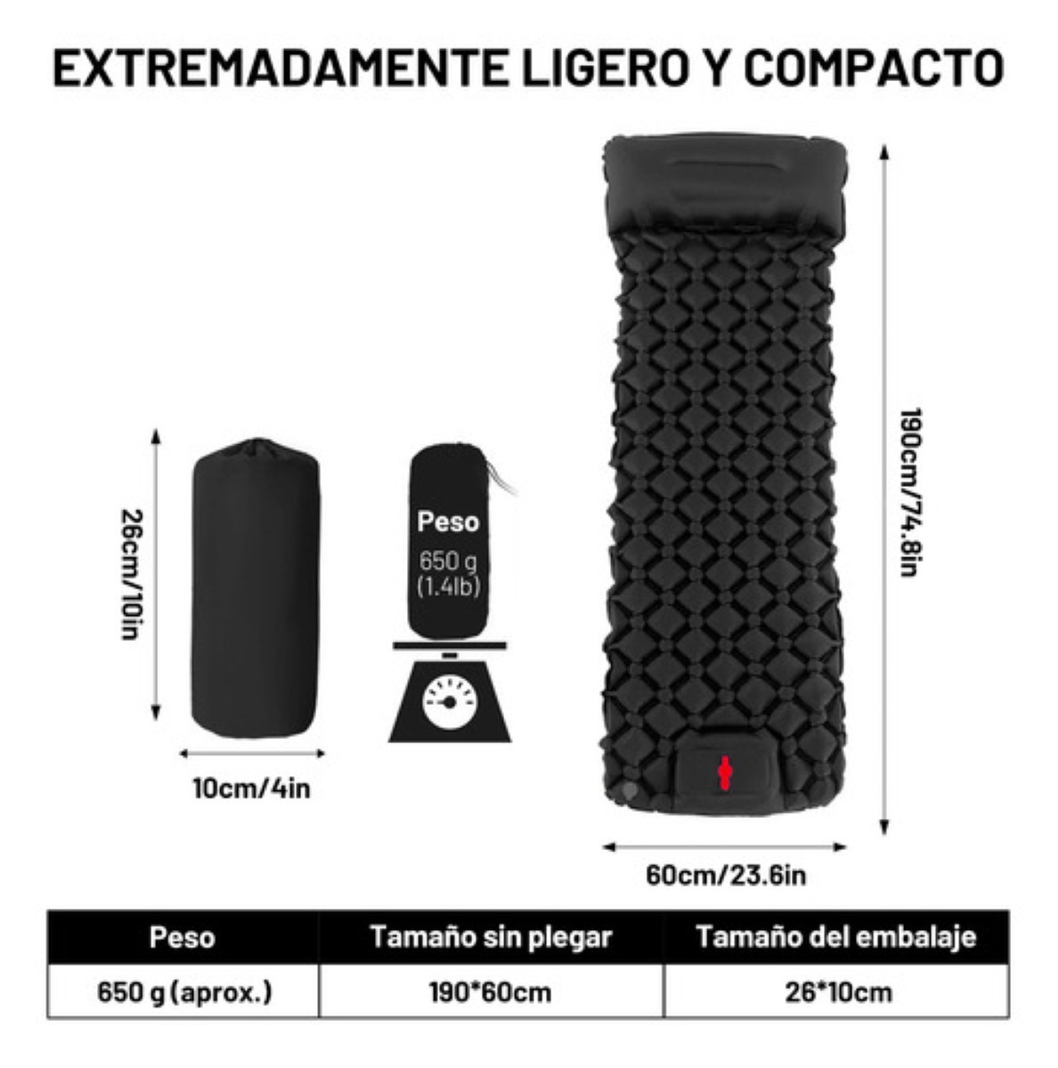 Colchones Inflables Acampar Autoinflable Portátil IndividualNEGRO