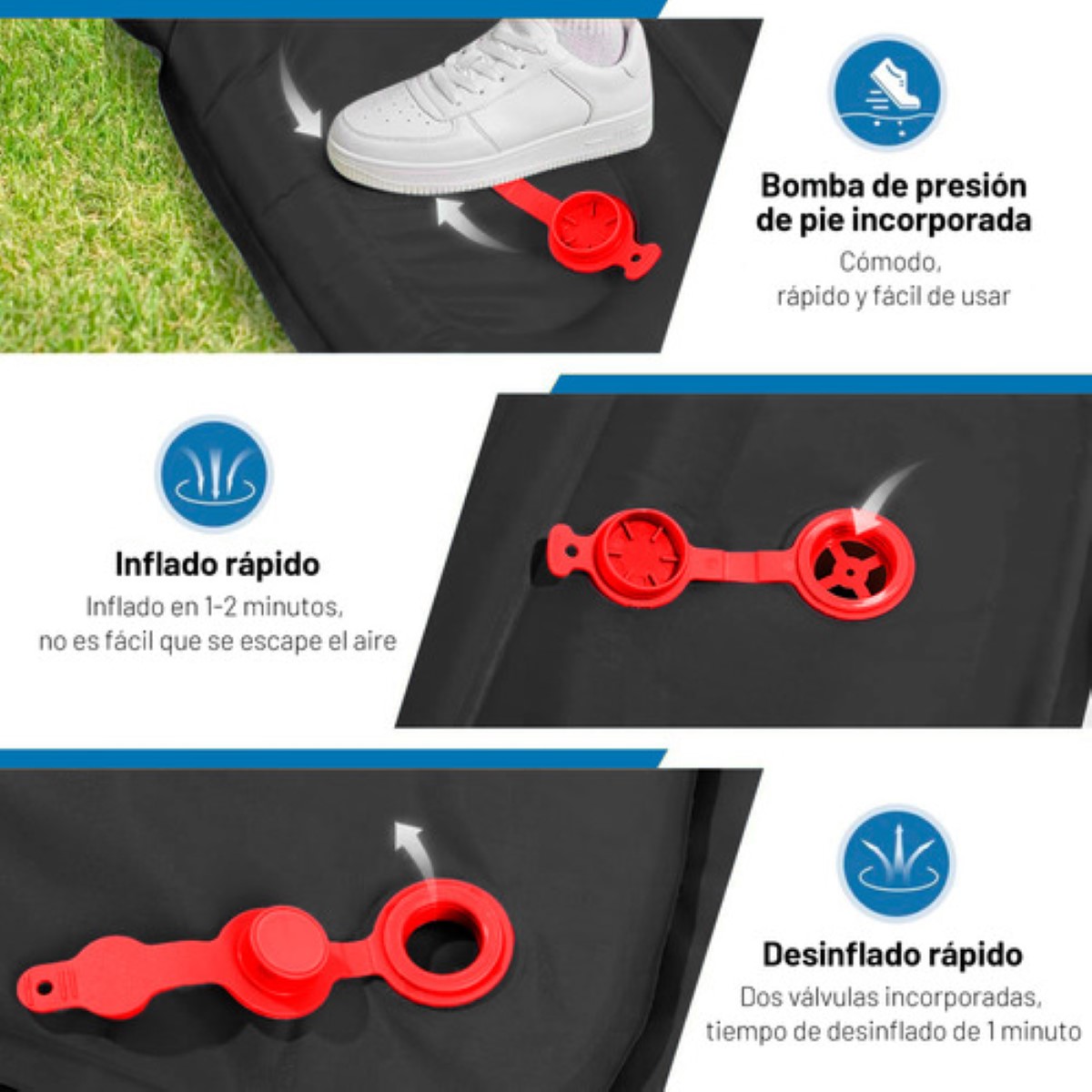 Colchones Inflables Acampar Autoinflable Portátil IndividualNEGRO