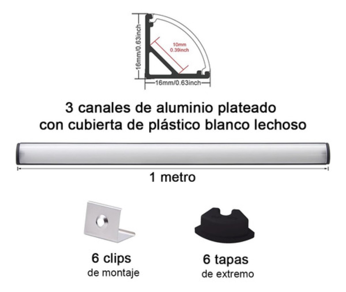 3pcs Perfil De Aluminio Para Tira Led En Casa Oficinas 3m Negro mica opalina