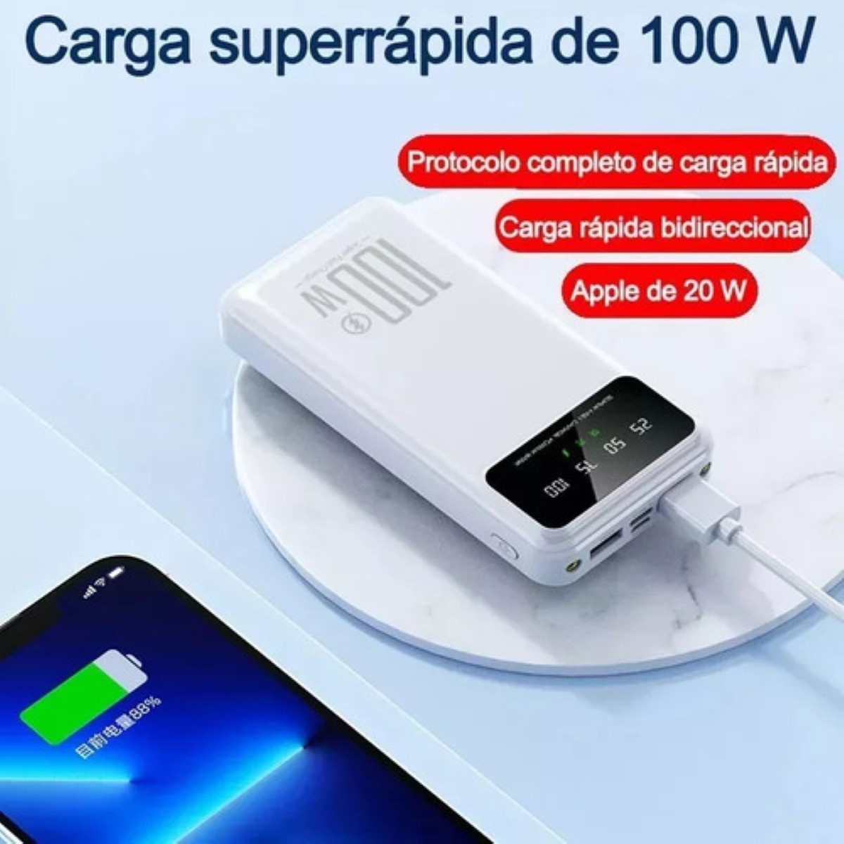 Power Bank 30000mah Con Cable/pantalla Pd100w/5a Ultrarápida