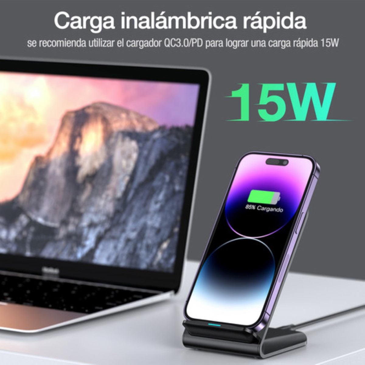 Cargador inalámbrico 15W, Soporte del Celular, para iPhone 11/12/13/14/15, para Samsung y otros dispositivos que soportan carga inalámbraca NEGRO