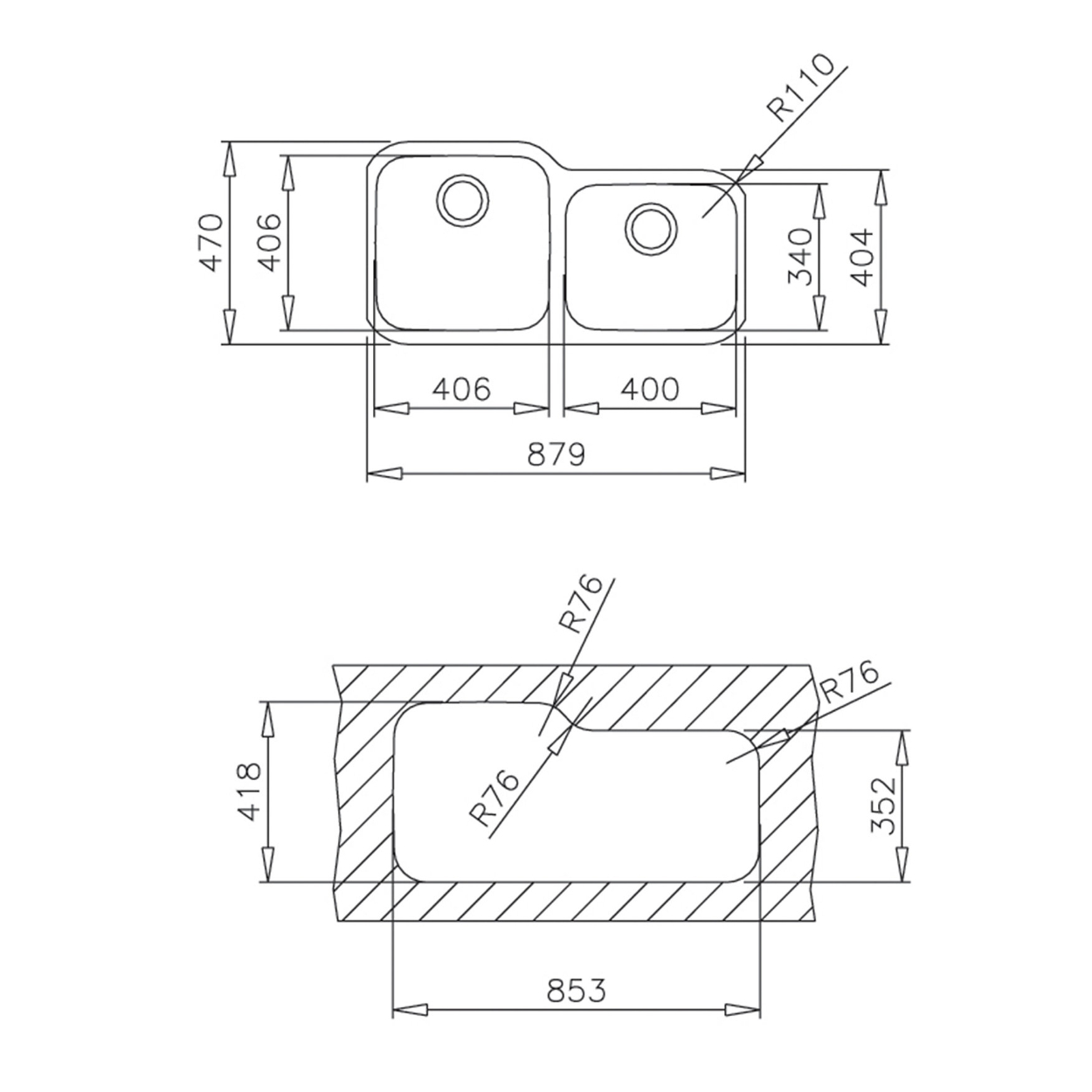Tarja Doble Teka BE 2C 880 (TU 34.18 R) Submontar Acero Inoxidable