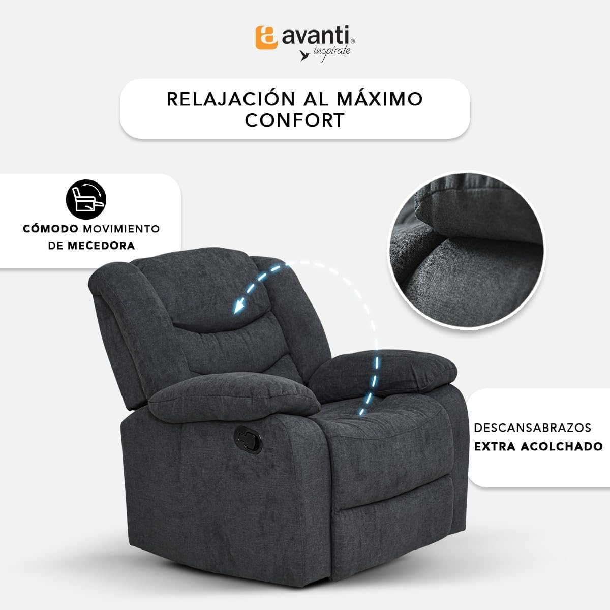 Reclinable Manual con Mecedora Individual – Reposet Confortable de Tela Suave – Sillón para Sala o Recámara – Modelo Victoria Color Gris Obscuro