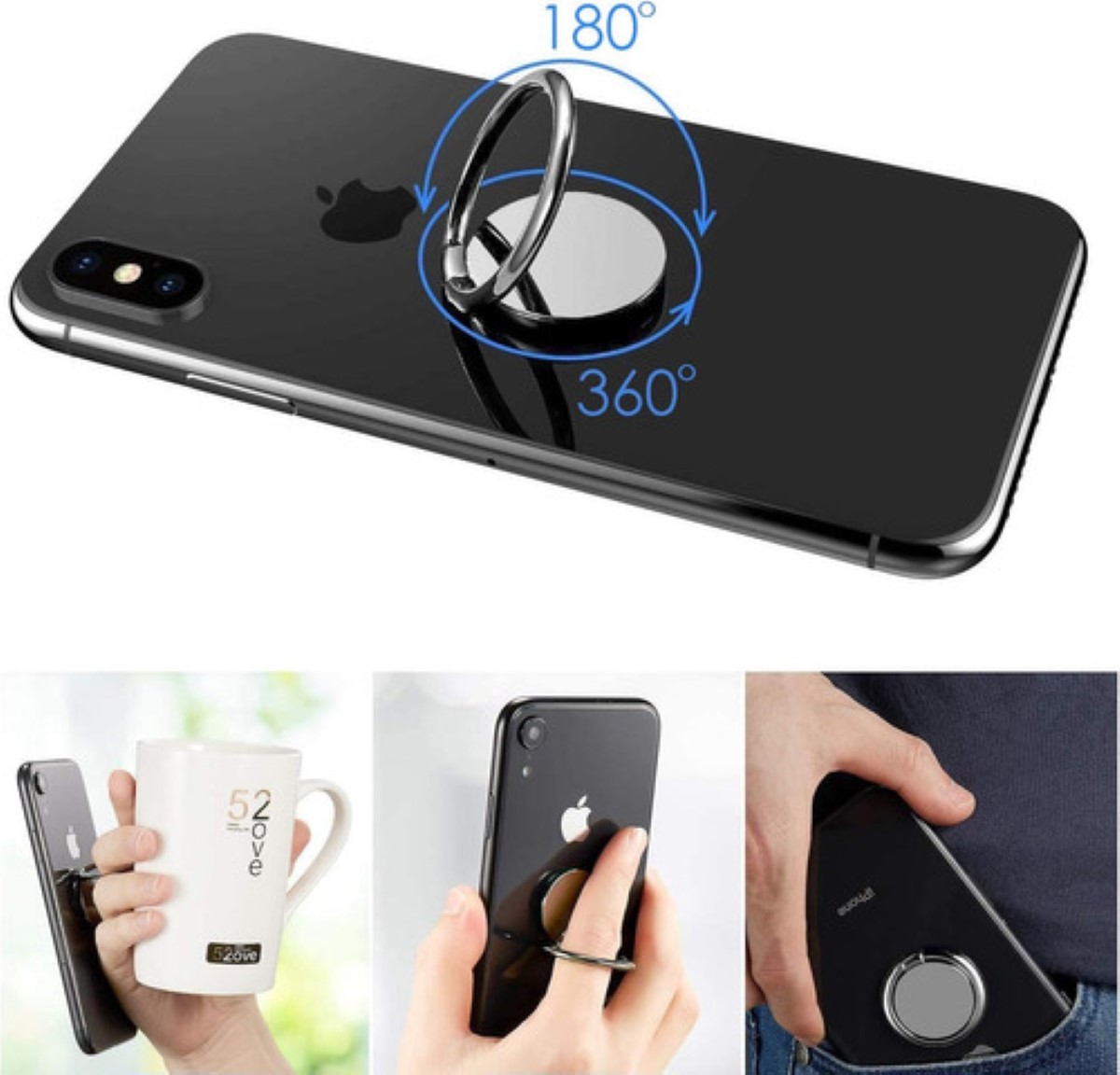Anillo Holder Sujetador Metalico 360° Giratorio Para Celular GRIS NEGRO