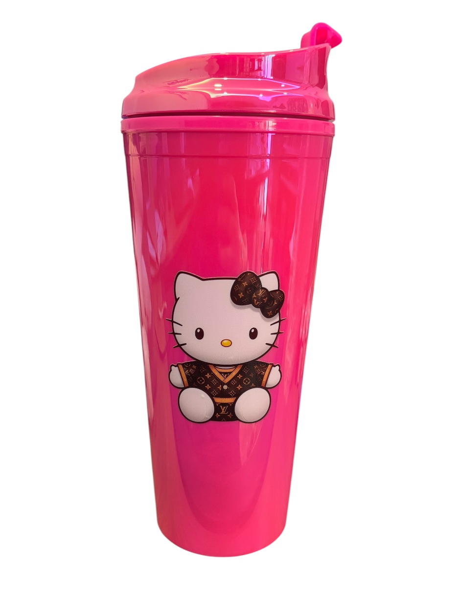 Termo de Acrílico con gliter color fucsia Hello Kitty, mide 23 cm de alto por 10 cm de ancho de 710 Ml