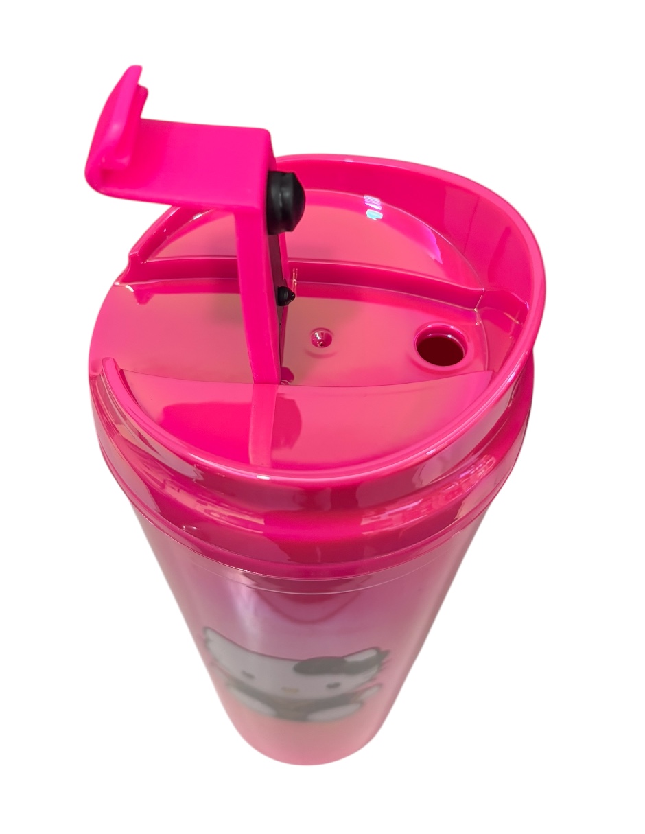 Termo de Acrílico con gliter color fucsia Hello Kitty, mide 23 cm de alto por 10 cm de ancho de 710 Ml