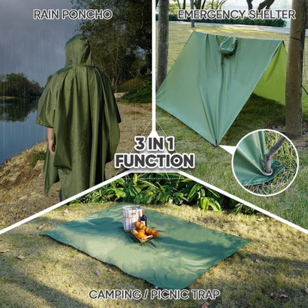 Capas Impermeable Poncho Para Hombre Mujer Dama Muy Duradero VERDDE MILITAR