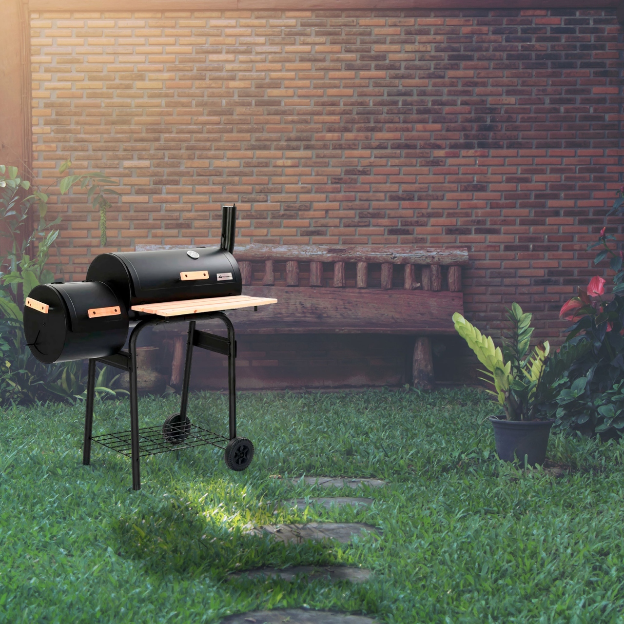 Asador para Carbón Premium Tipo Barril con Llantas Transportadoras con Termómetro de Acero Inoxidable Bluelander 