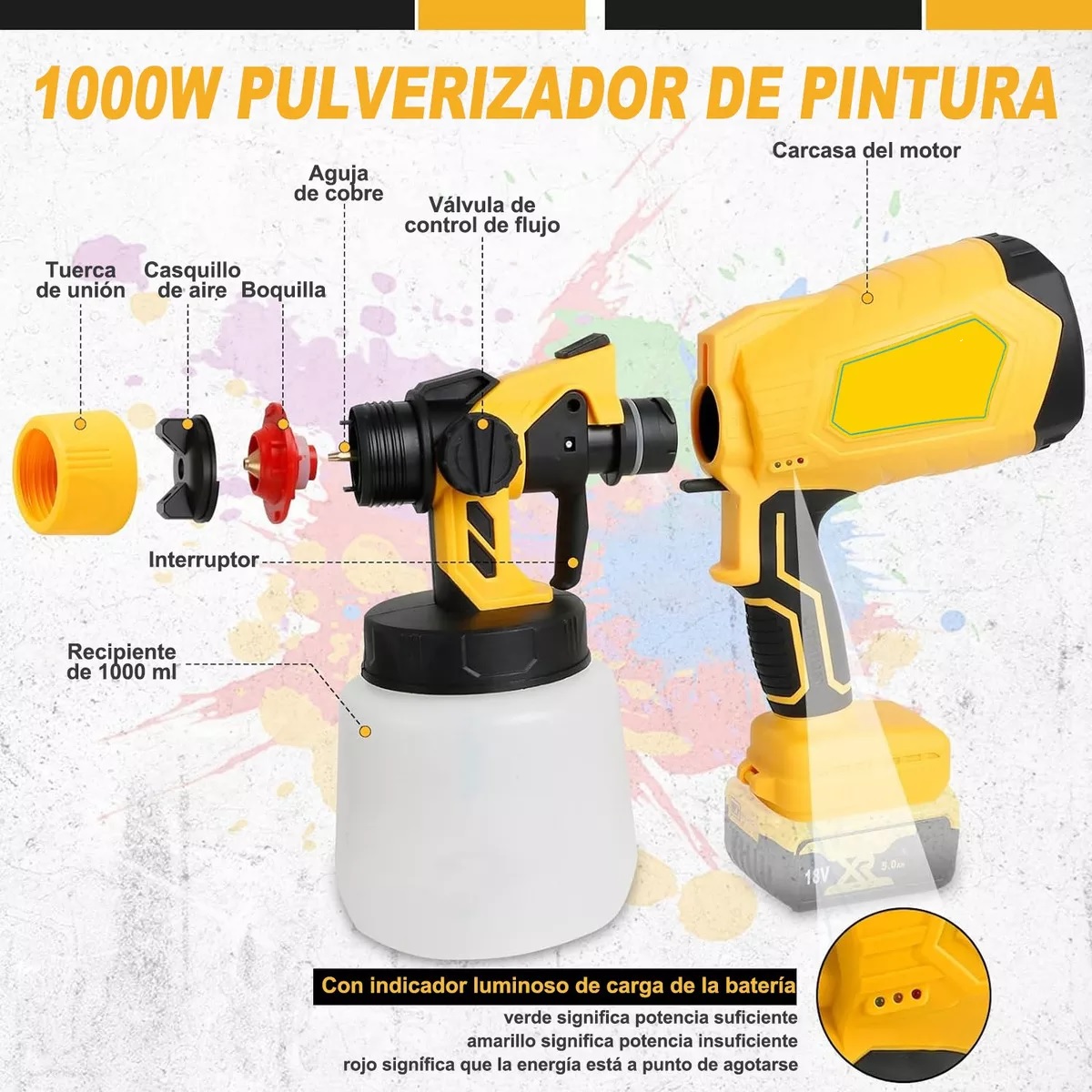 Pistolas Para Pintar Eléctrica Inalámbrico Pintar Gravedad Color Amarillo