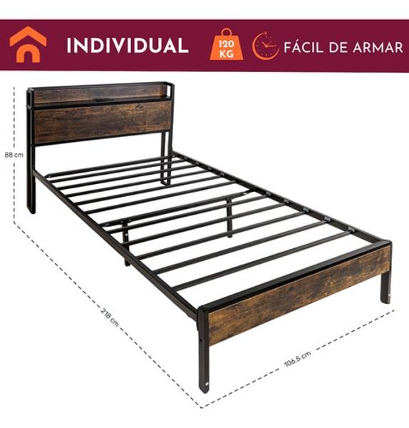 Base Cama Individual Usb Country Tipo Madera Moderna Houzer