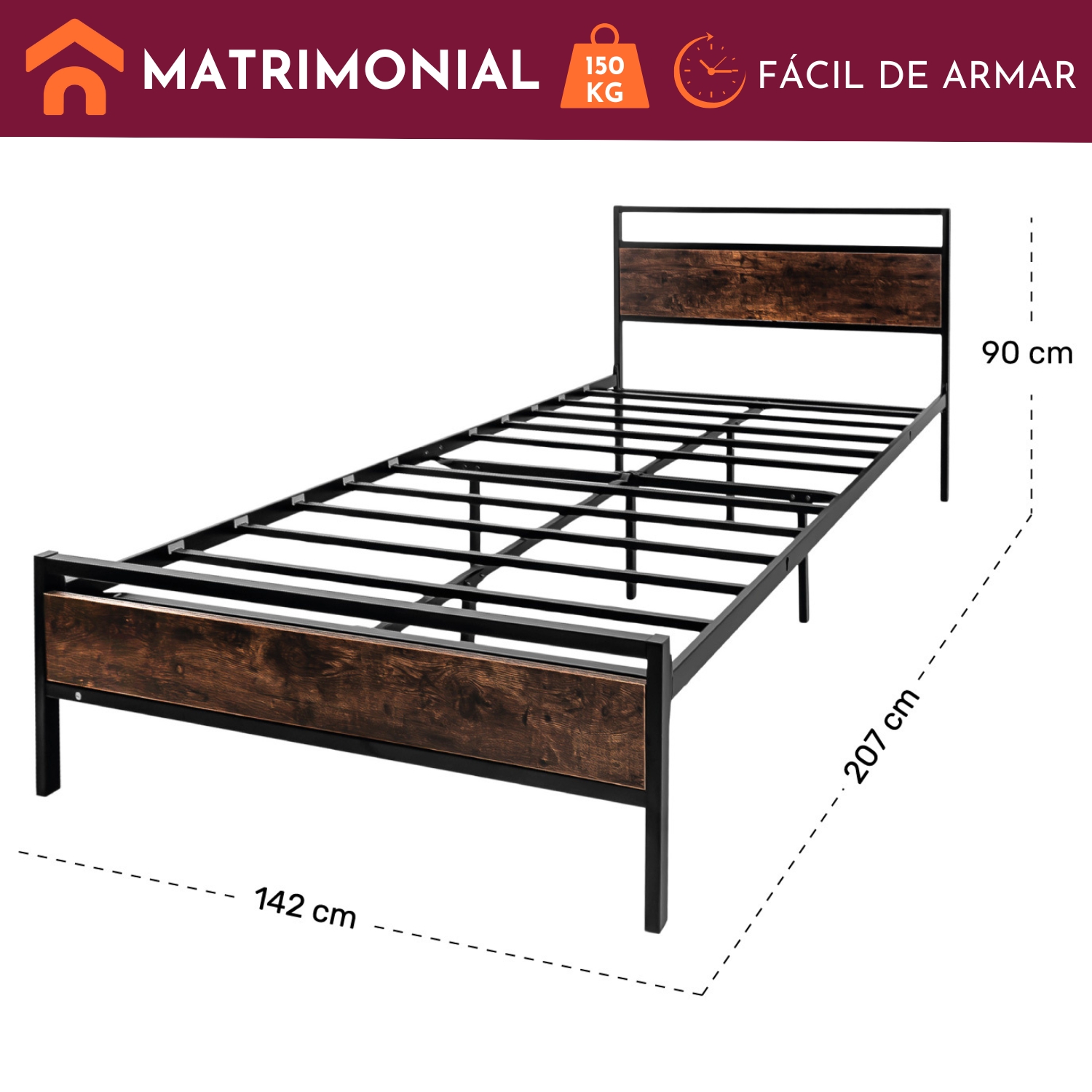 Base Cama Matrimonial Country Tipo Madera Moderna Metal Houzer