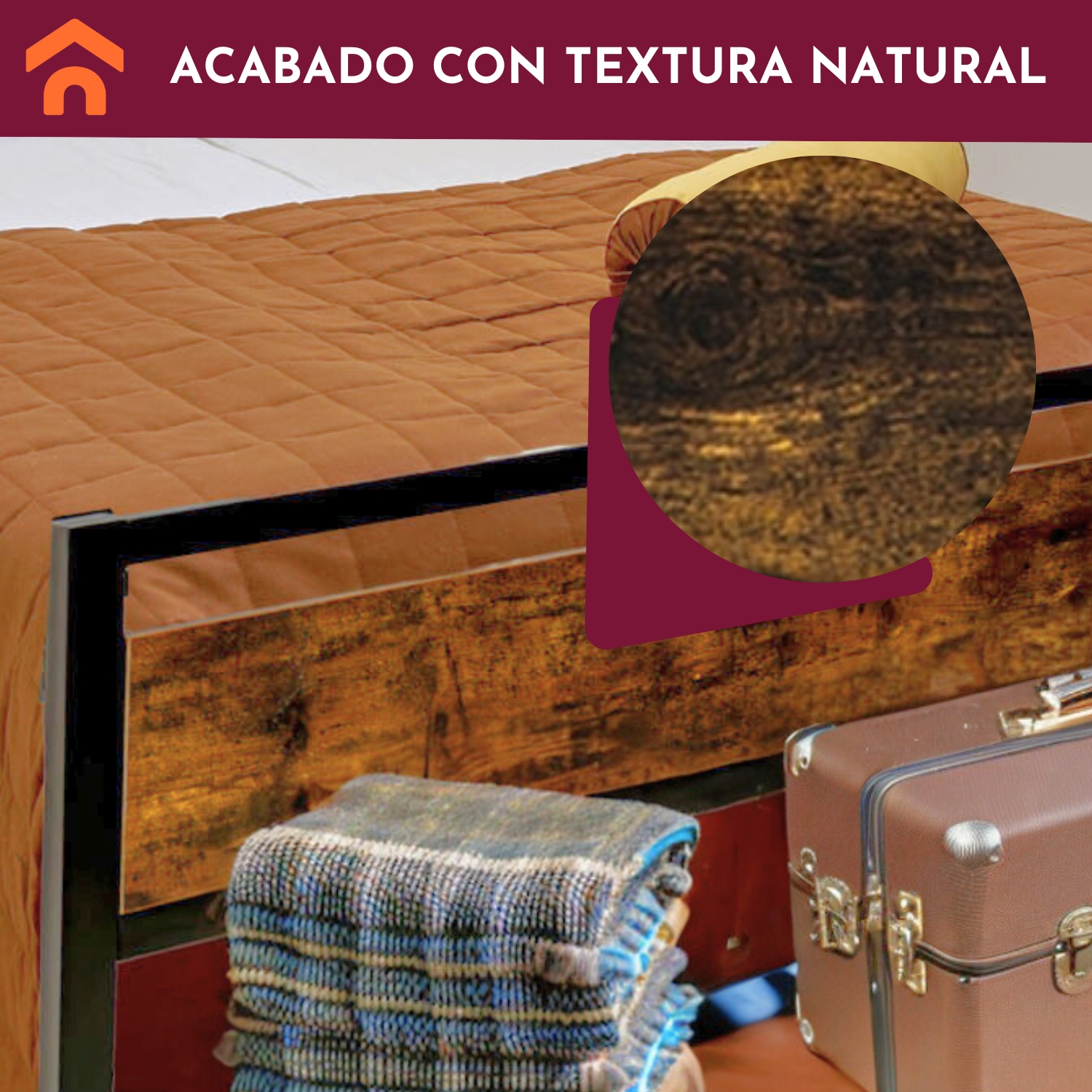 Base Cama Matrimonial Country Tipo Madera Moderna Metal Houzer