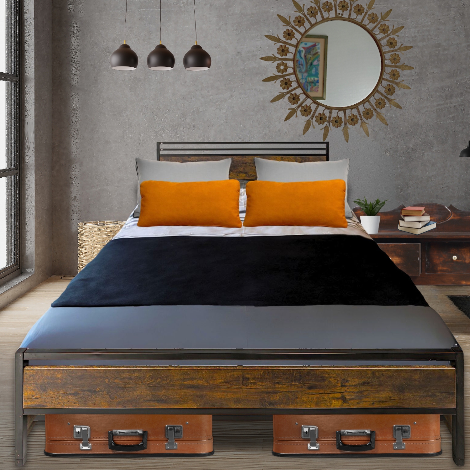Base Cama Matrimonial Country Tipo Madera Moderna Metal Houzer