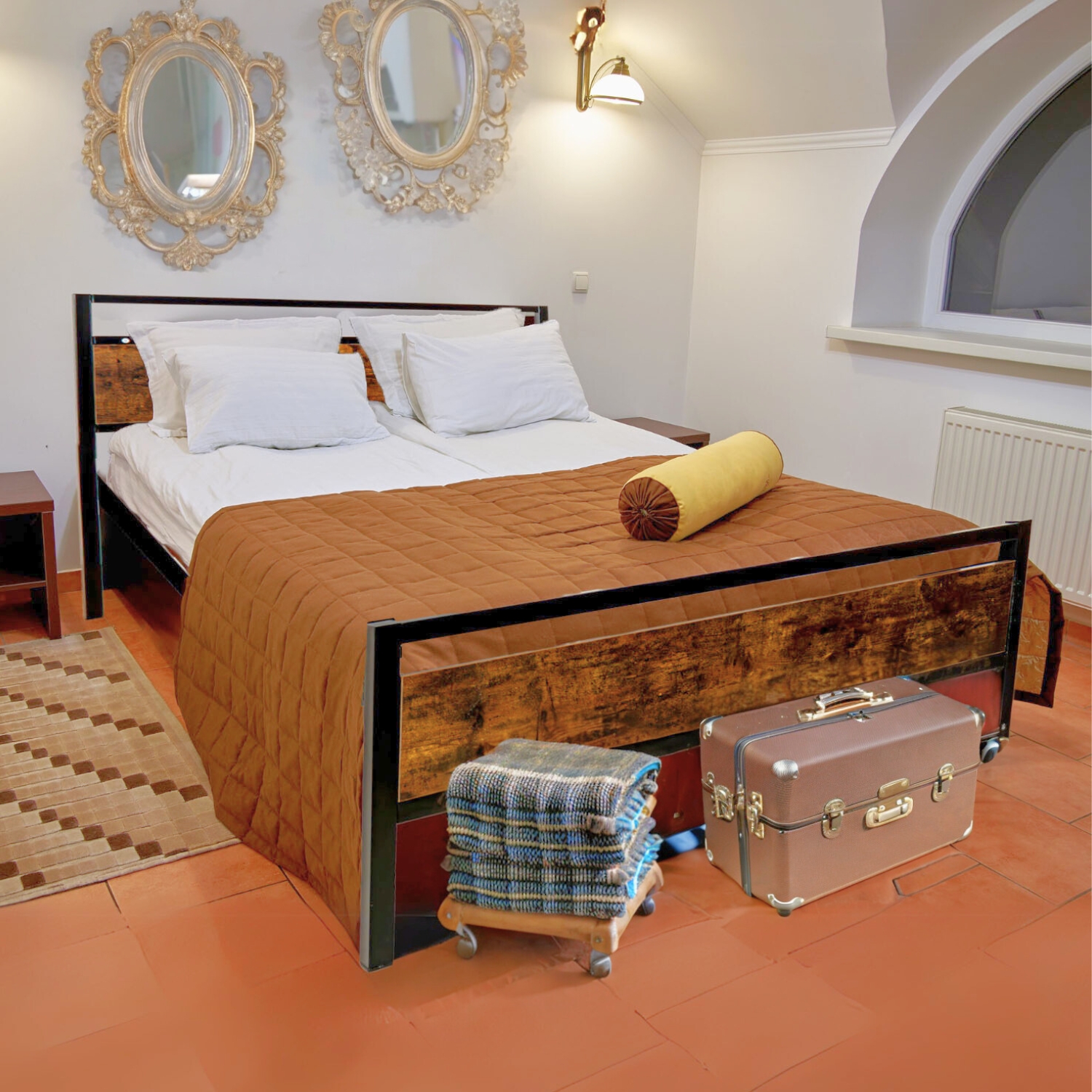 Base Cama Matrimonial Country Tipo Madera Moderna Metal Houzer