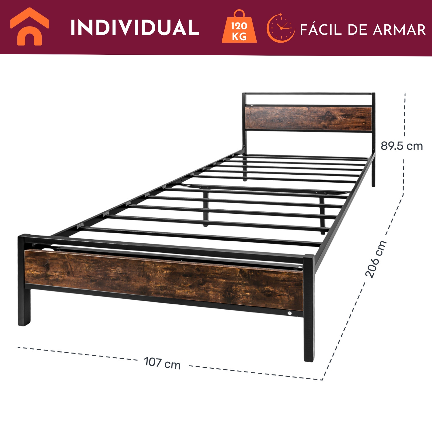 Base Cama Country Tipo Madera Individual Moderna Metal Acero Houzer