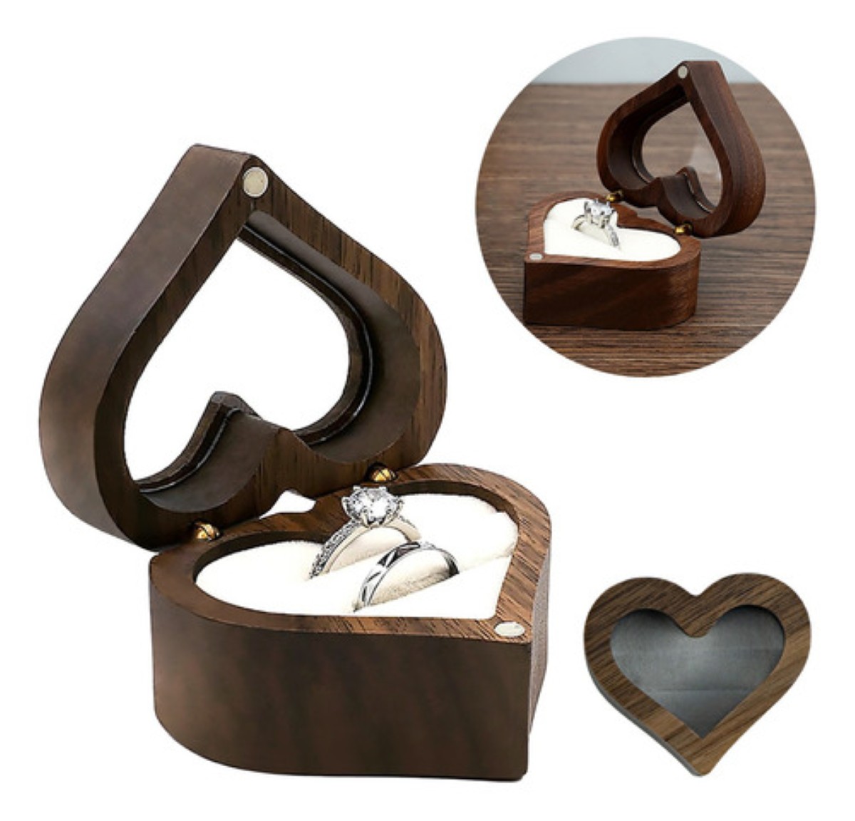 Caja Anillos Corazón Madera Nogal Para De Boda Transparente Blanco