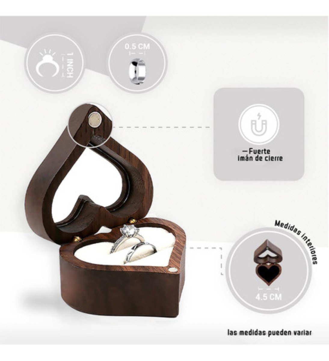 Caja Anillos Corazón Madera Nogal Para De Boda Transparente Blanco