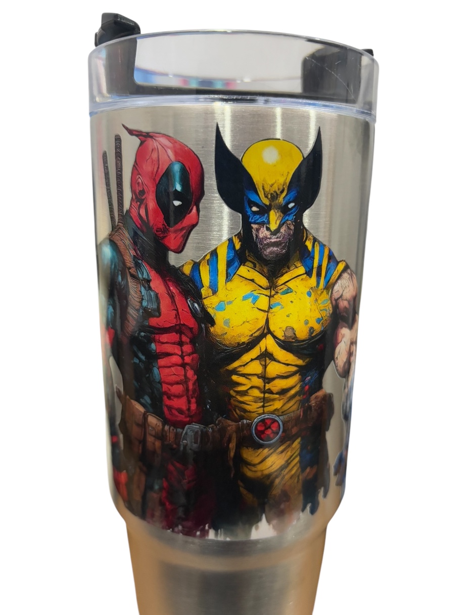 Termo de acero inoxidable Fartmex color plata, Deadpool & Wolwerine 30 oz