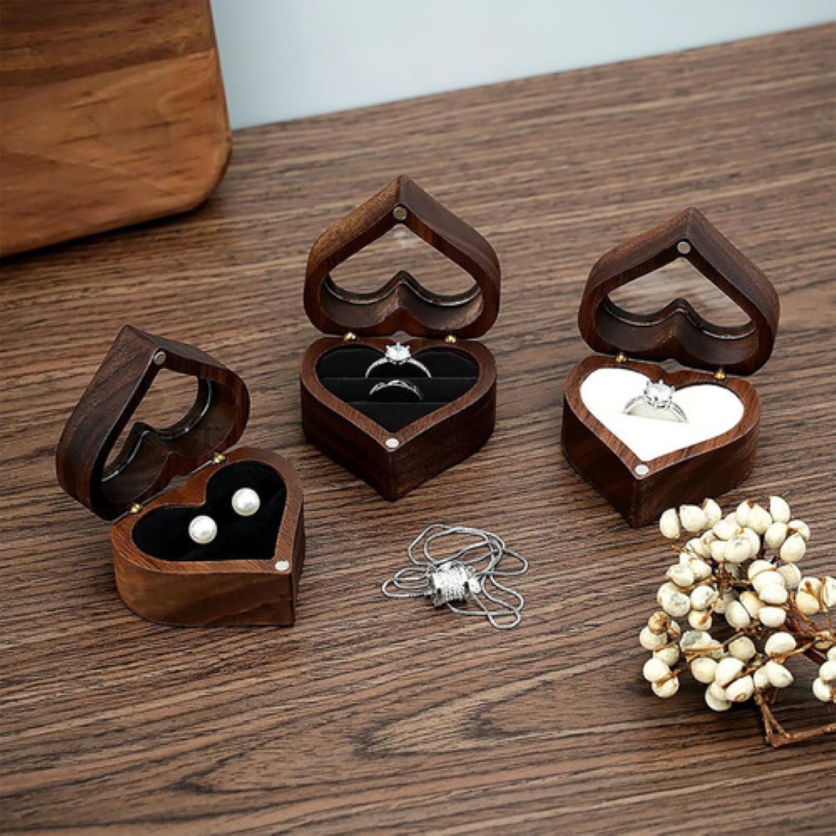 Caja Anillos Corazón Madera Nogal Para De Boda Transparente Blanco