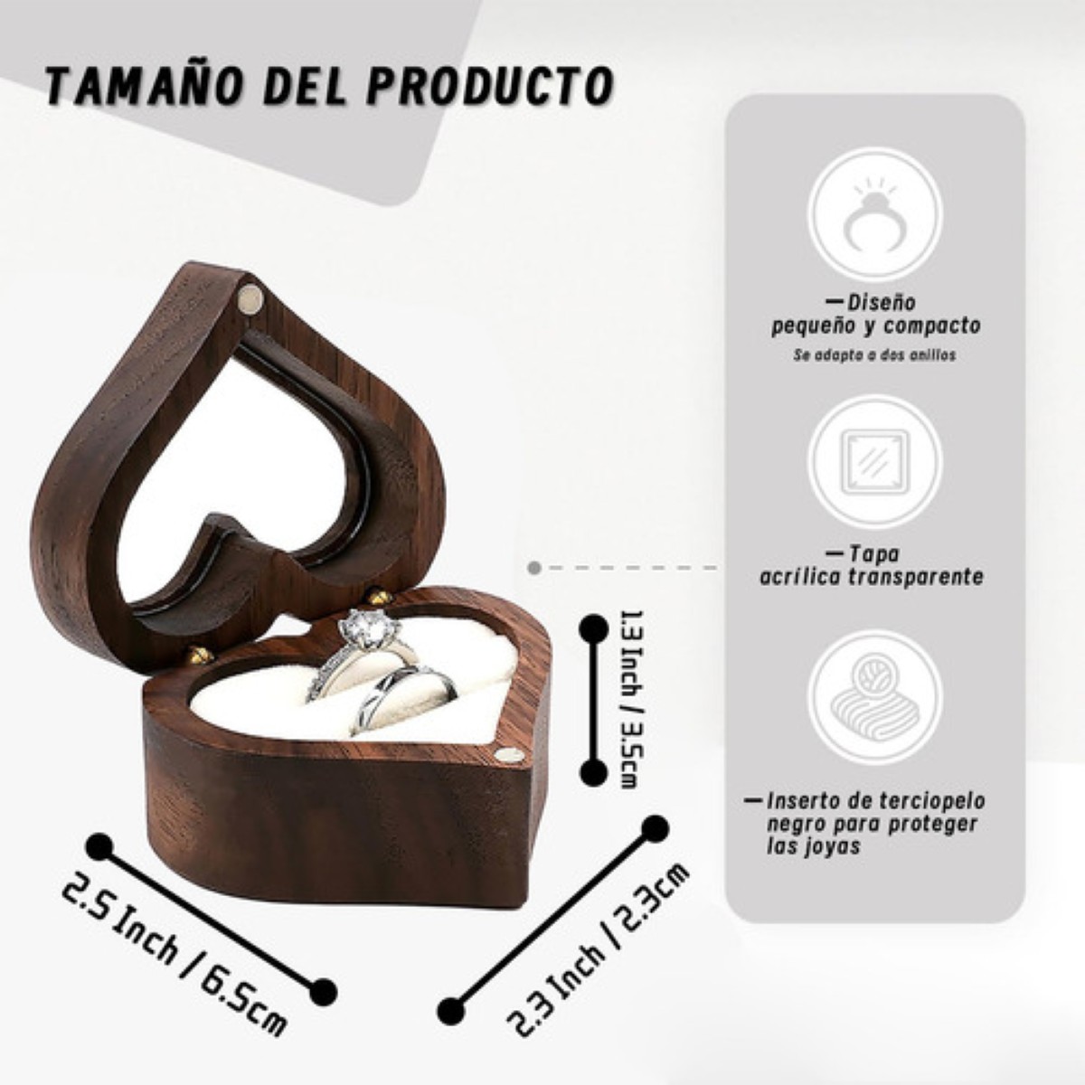 Caja Anillos Corazón Madera Nogal Para De Boda Transparente Blanco