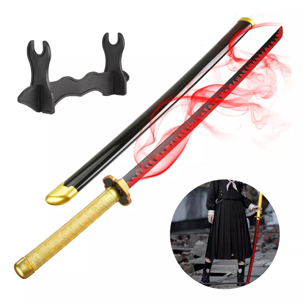 Katana De Madera Demon Slayer 104cm Kit Espada+portacuchilla Negro