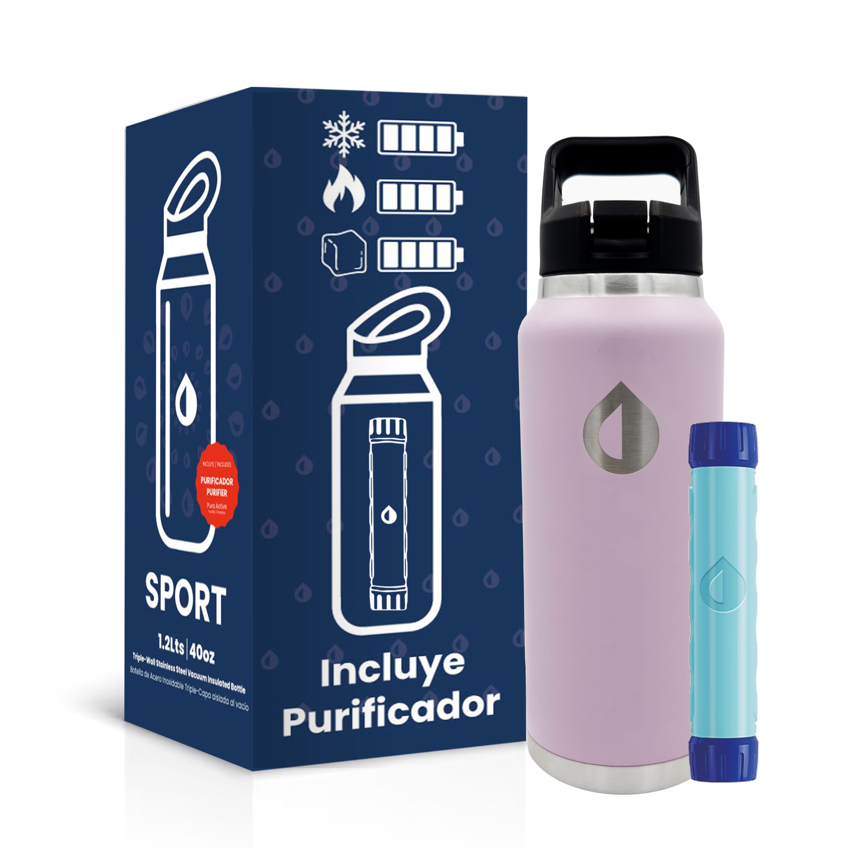 Termo PURA Sport Térmico 1.2lts con Purificador Agua Acero Rosa