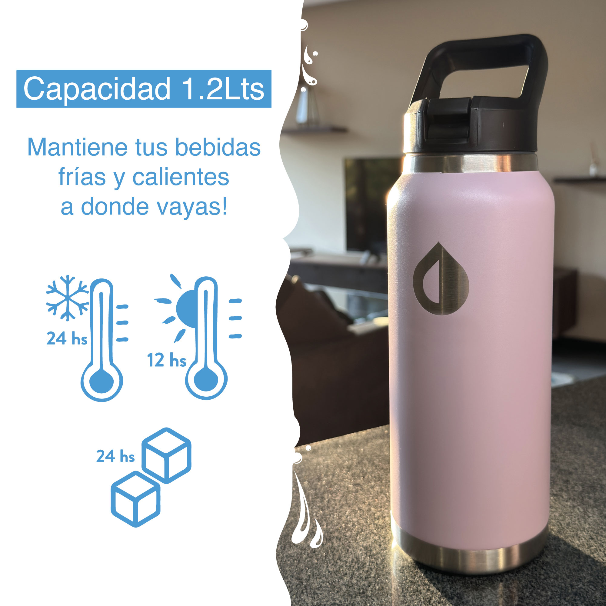 Termo PURA Sport Térmico 1.2lts con Purificador Agua Acero Rosa