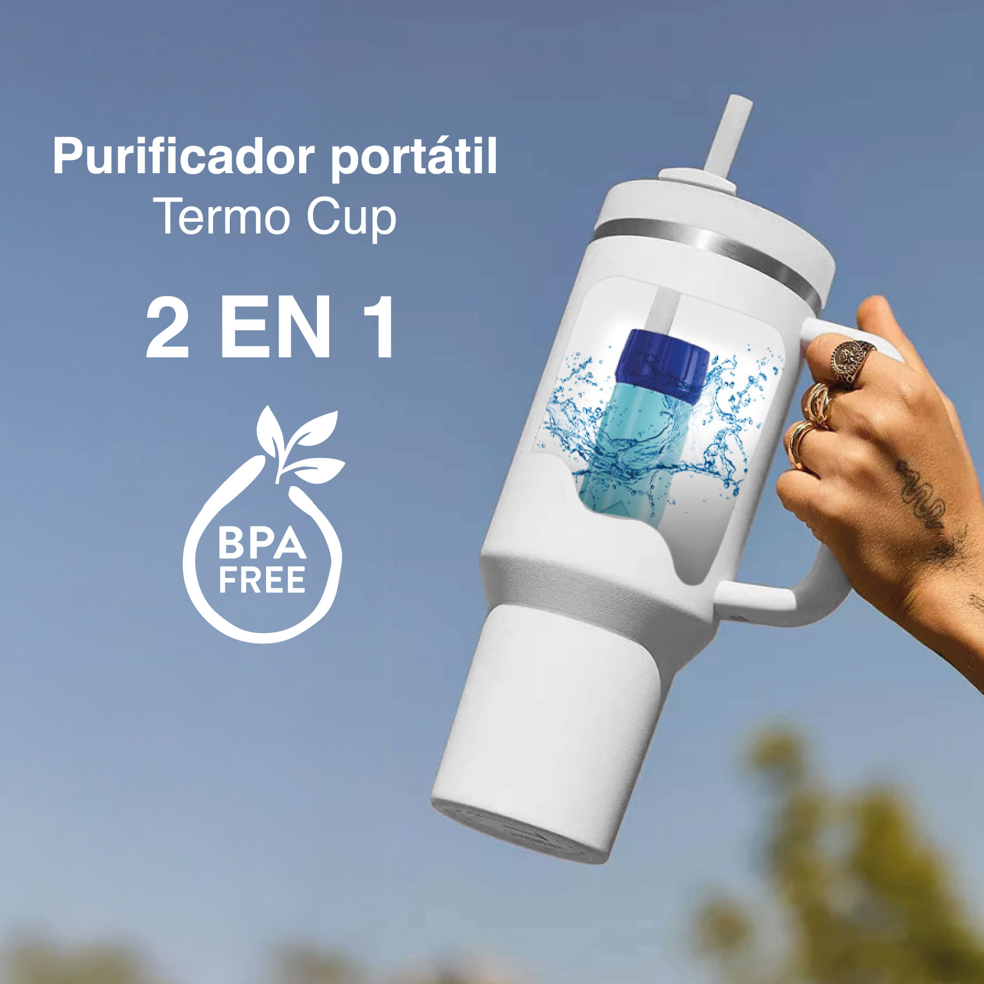 El termo filtro purificador de agua portátil y urbano 1.2 lts eco blanco
