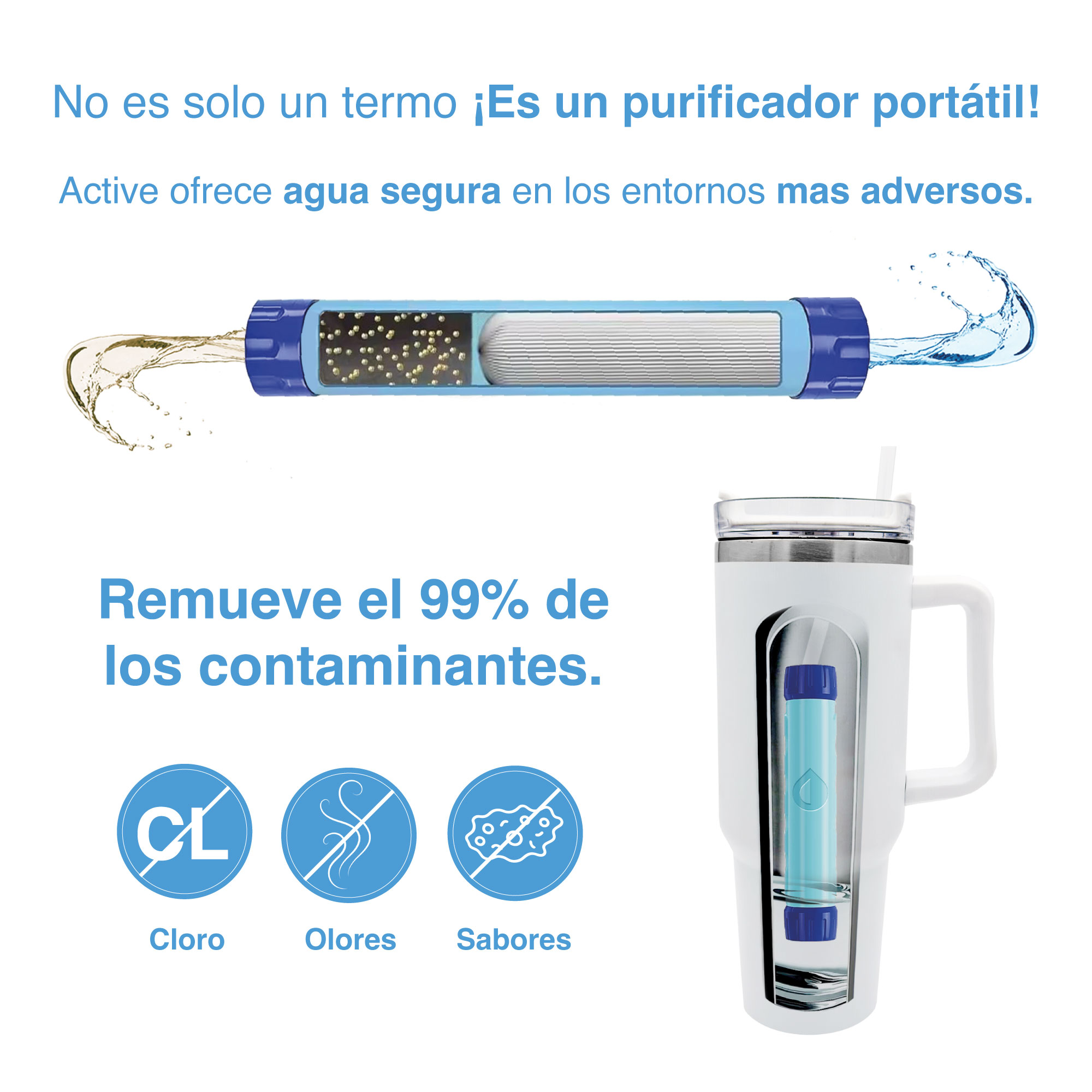 El termo filtro purificador de agua portátil y urbano 1.2 lts eco rosa