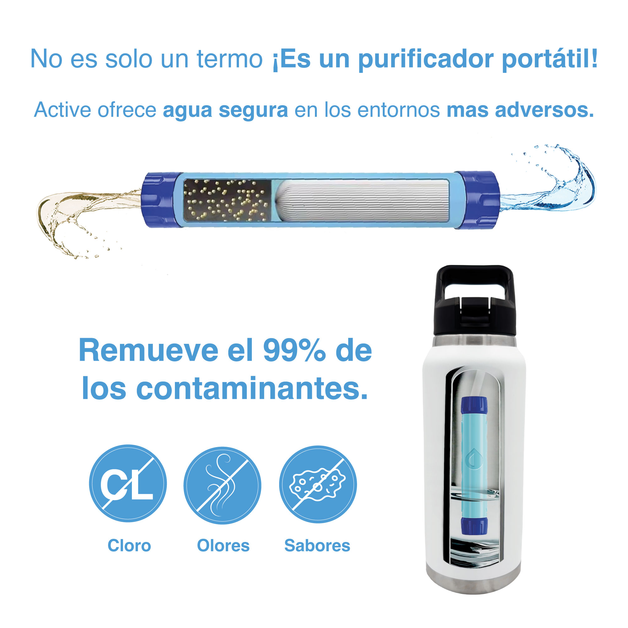 Termo PURA Sport Térmico 1.2lts con Purificador Agua Acero Rosa