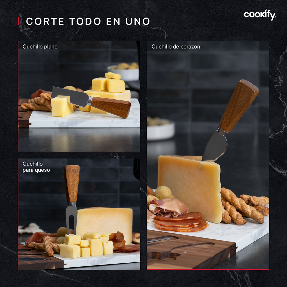 Set Tabla de Madera / Mármol Rectangular+ Utensilios de Servicio, Bandeja de Charcutería, Quesos, Carnes Frías, Aperitivos, Botanas COOKIFY