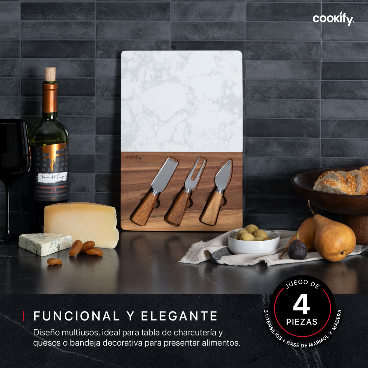 Set Tabla de Madera / Mármol Rectangular+ Utensilios de Servicio, Bandeja de Charcutería, Quesos, Carnes Frías, Aperitivos, Botanas COOKIFY