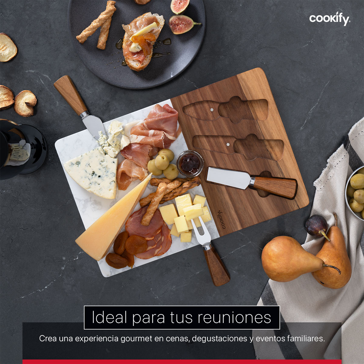 Set Tabla de Madera / Mármol Rectangular+ Utensilios de Servicio, Bandeja de Charcutería, Quesos, Carnes Frías, Aperitivos, Botanas COOKIFY