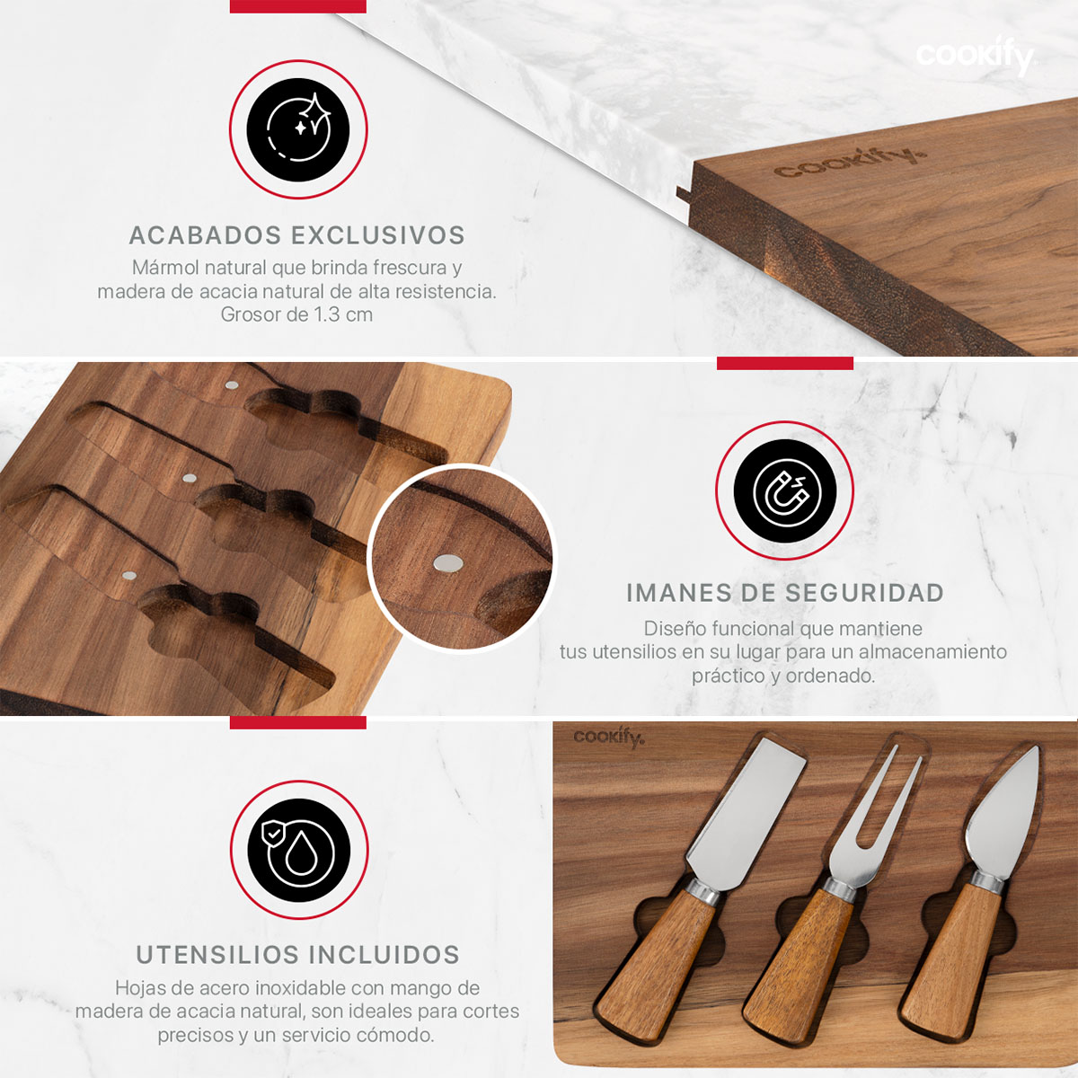Set Tabla de Madera / Mármol Rectangular+ Utensilios de Servicio, Bandeja de Charcutería, Quesos, Carnes Frías, Aperitivos, Botanas COOKIFY