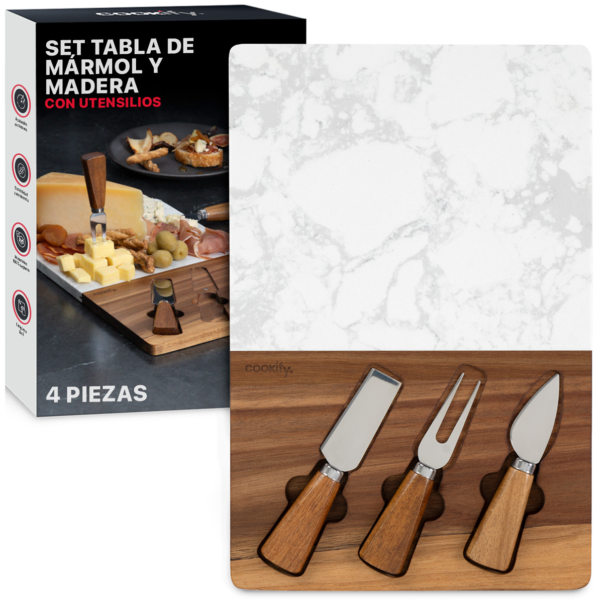 Set Tabla de Madera / Mármol Rectangular+ Utensilios de Servicio, Bandeja de Charcutería, Quesos, Carnes Frías, Aperitivos, Botanas COOKIFY