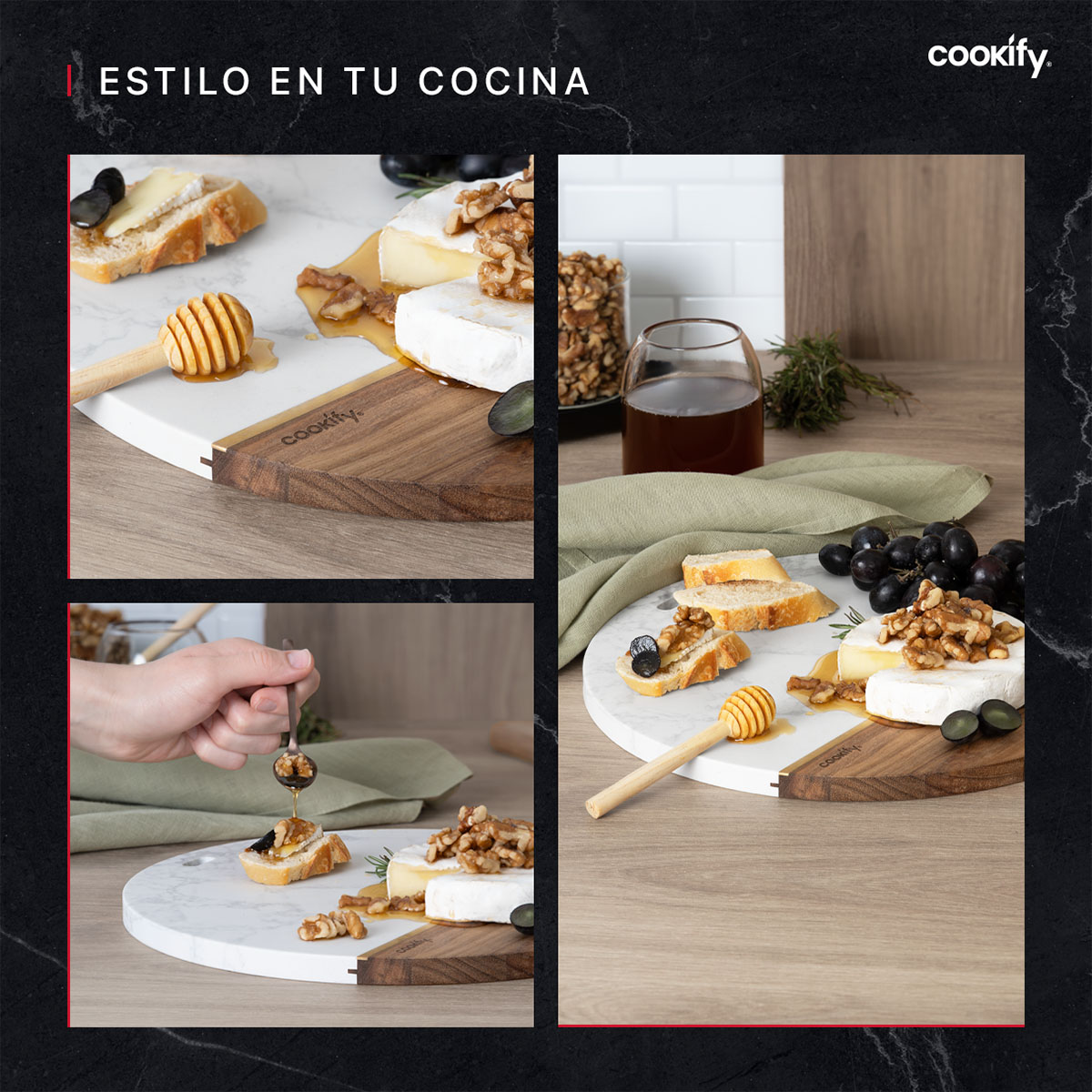 Tabla de Madera / Mármol Circular , Bandeja de Charcutería, Quesos, Carnes Frías, Aperitivos, Botanas COOKIFY